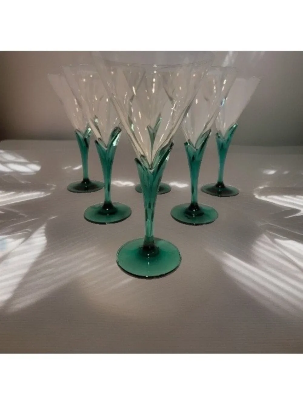 Vintage Luigi Bormioli Martini Cocktail Glasses Green Petal Stem Italy Set of 6